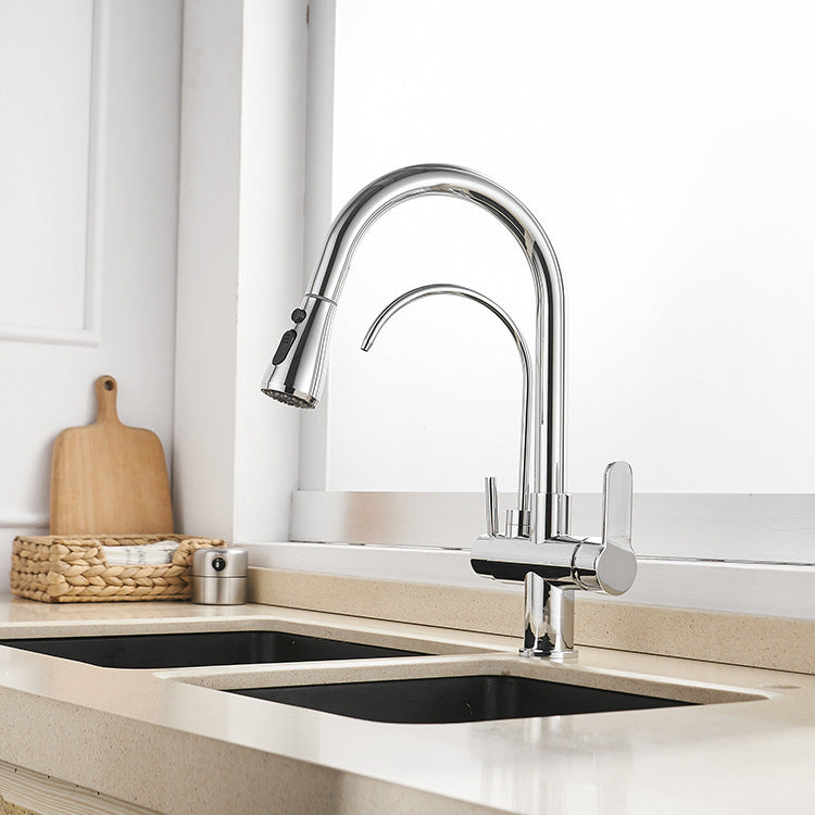 Kitchen pull-out three-in-one hot and cold water faucet, purified water faucet, household sink kitchen faucet