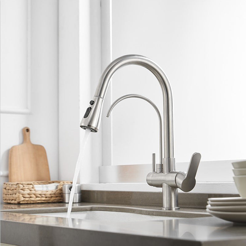 Kitchen pull-out three-in-one hot and cold water faucet, purified water faucet, household sink kitchen faucet